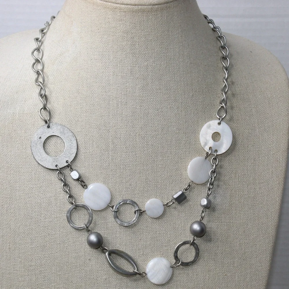 Necklace Layered Mother of Pearl Geometric Silver Tone Boho Modernist Statement